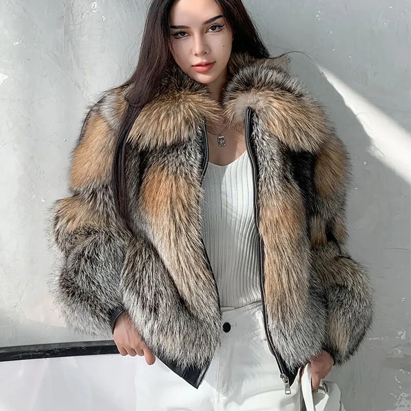 Women Real Fox Fur Coat Nature Short Bomber Jacket Winter Thick