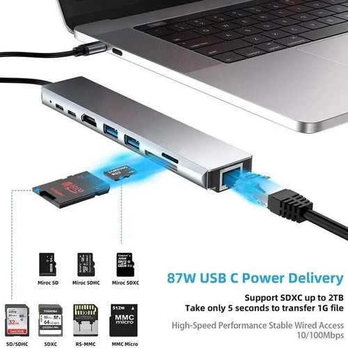 USB-C Hub 8-IN-1 Adapter 4K HDMI USB 3.0 LAN RJ45 Ethernet Micro SD Kartenleser - Bild 10 von 13