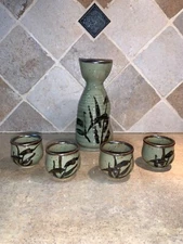 Bamboo picture Plum Sake Bottle Choko Set Tokkuri Ochoco