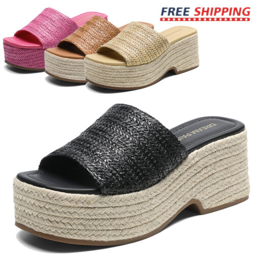 Women Slides Sandals Platform Open Toe Espadrilles Wedges Summer Beach Sandals
