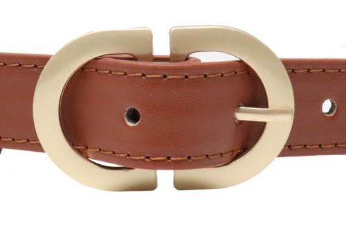 LADIES DESIGNER STYLE STITCH LEATHER BELT GOLD BELT BUCKLE - Picture 8 of 12