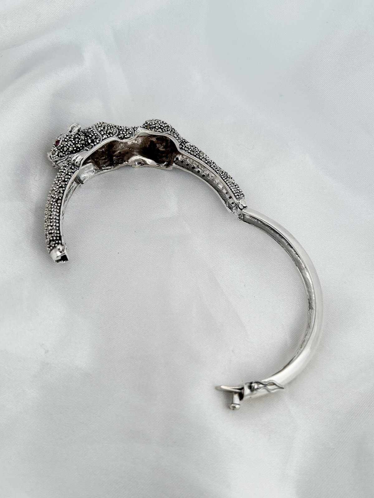 Solid Silver Panther Bangle Bracelet With Marcasi… - image 10