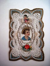 Vintage Victorian Valentine Card w/ Pretty Die Cut Scraps Gold Lace