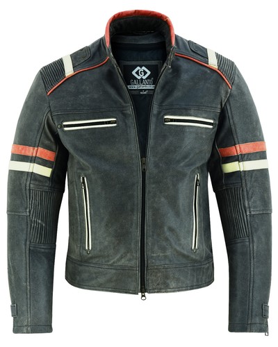 0731 Chaqueta de cuero de vaca a rayas naranja y crema lavado a la piedra para hombre - Imagen 4 de 6