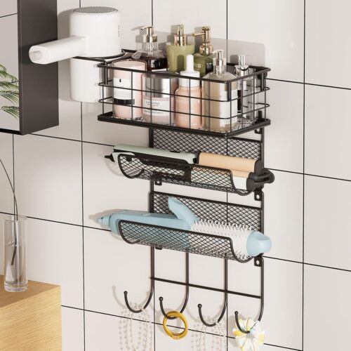 4 Tier Wall-Mount Hair Dryer Storage Basket Rack with Hooks for Styling Tools