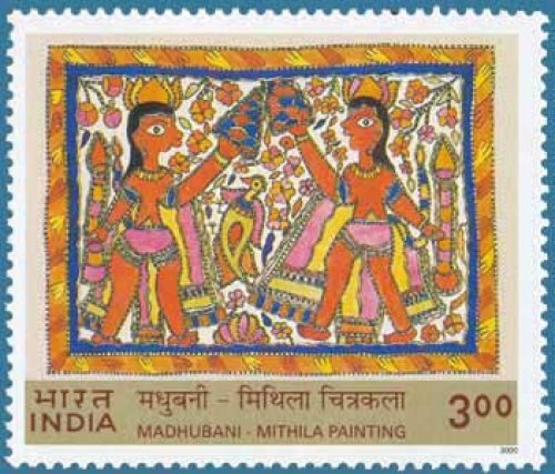 値下げインド民俗絵画ミティーラ画　生命の木とライオン　Satta Narayan 値下げインド民俗絵画ミティーラ画 生命の木とライオン Satta