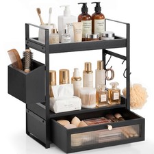 2-Tier Bathroom Counter Organizer with Acrylic Drawer  Basket, Wood Bathroom...