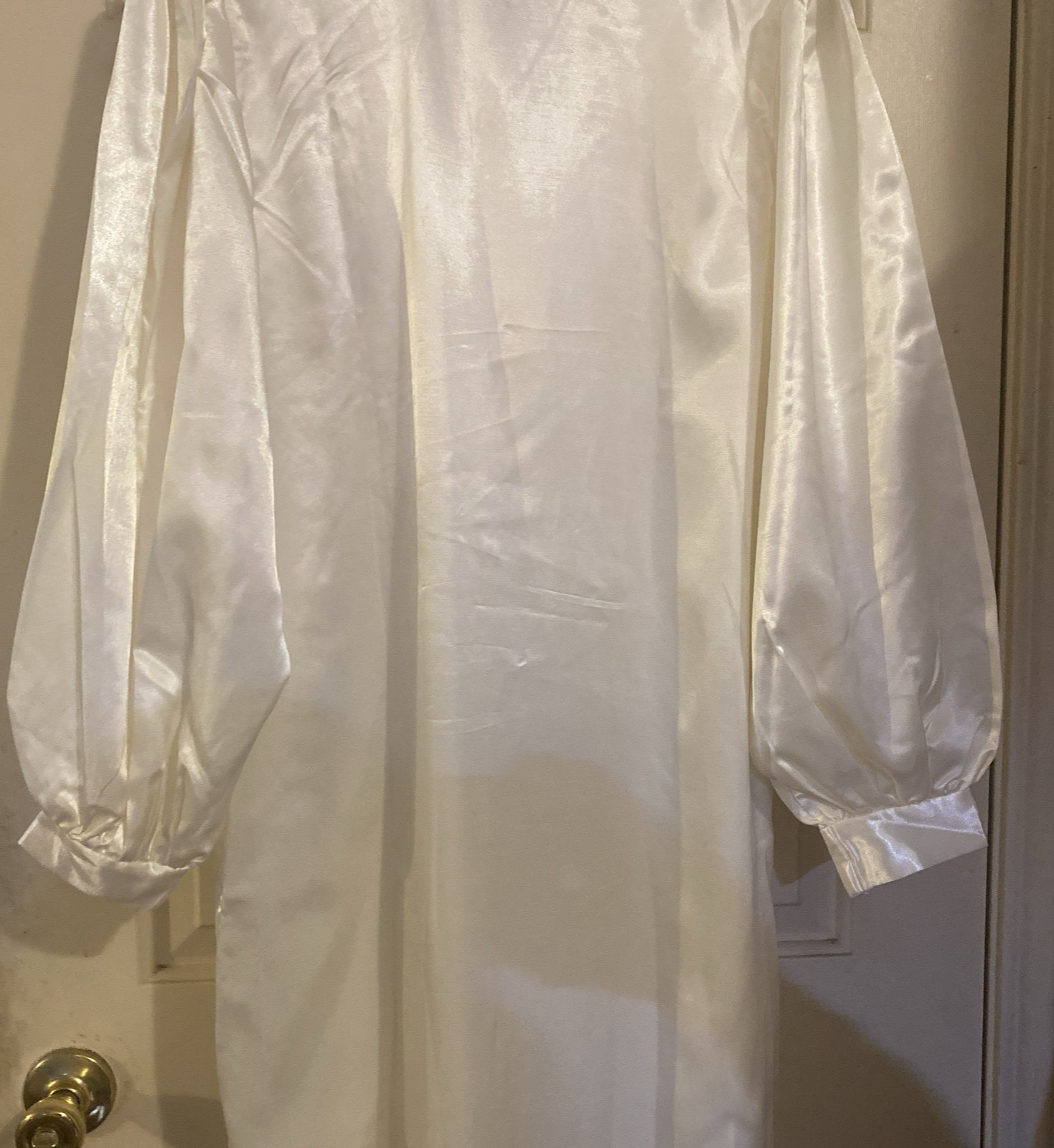 Adonna Satiny Shiny Maxi Nightgown Sz Small Long Sleeves Lace Trim Cream Bridal