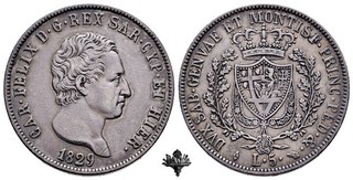 KINGDOM OF SARDINIA 5 lire 1829 Turin SILVER Carlo Felice di Savoy