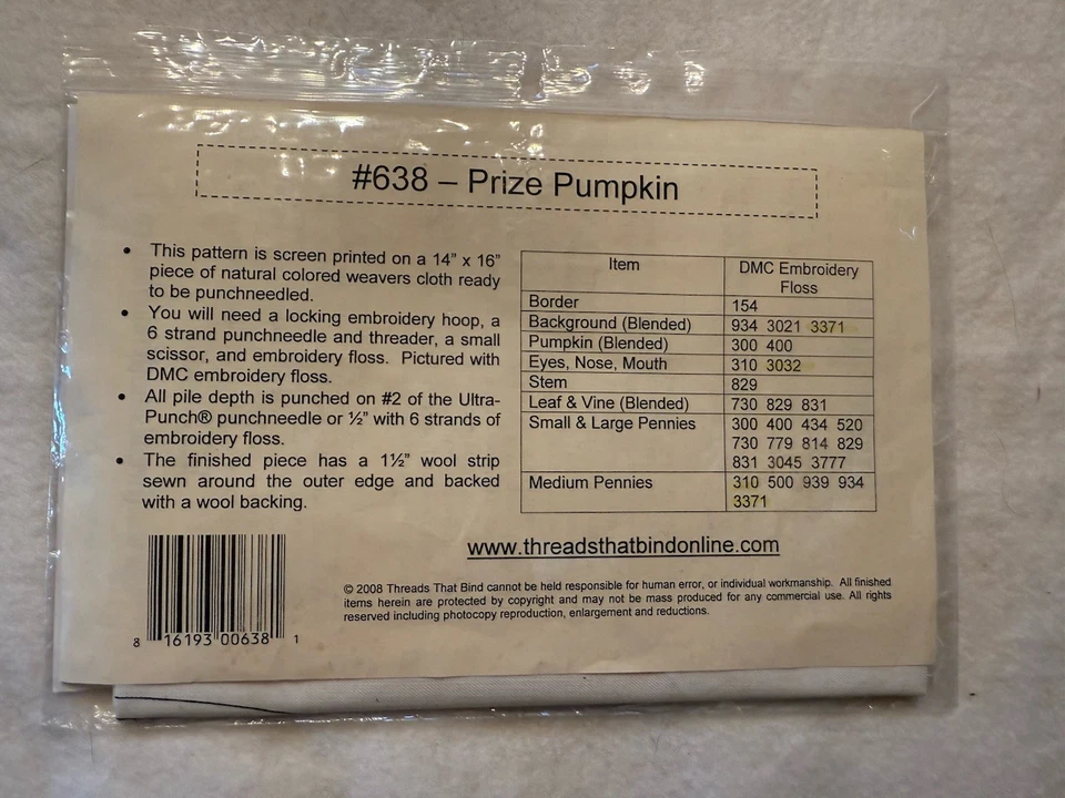 Threads That bind Prize Pumpkin Punchneedle Pattern New With Fabric Jack - Image 2 of 3