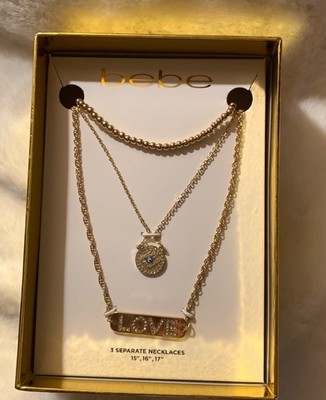NEW BEBE Set 3 Necklaces LOVE, Evil Eye, Goldtone Ball Mother s Day Gift Jewelry
