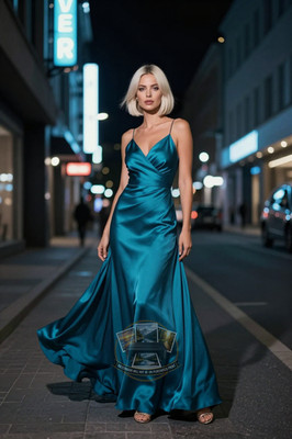 Sexy Swedish Woman Flowing Silk Evening Teal Gown Striking 4X6 Fantasy Photo