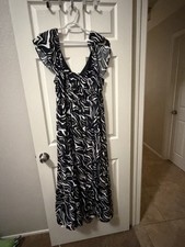 Black White Zebra Print Ruffle Sleeve Maxi Dress V-Neck Long Women's Dress