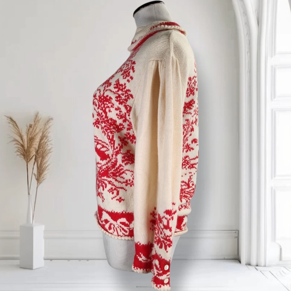 Suéter Tejido Invierno Pastoral Años 80 De Colección Rojo Marfil Gráfico Escena Lana Angora S Foto 3 de 4