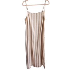 Madewell Dress 14 Tan Cream Women's Midi Slip Dress in Stripe Silk NEW