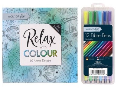 Relax With Colour Malbuch für Erwachsene mit 12 Filzstiften Therapie Geschenkidee