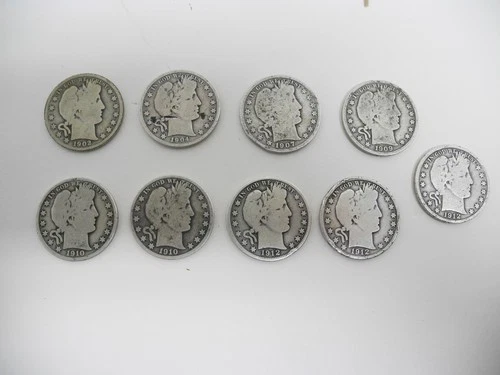 lot of 9 90% Silver U. S.  Barber Half Dollars Halves 1902 - 1912
