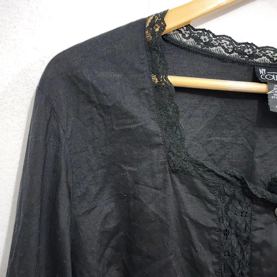 Blusa de encaje de algodón de colección NY manga campana negra botón delantero talla L Foto 4 de 4