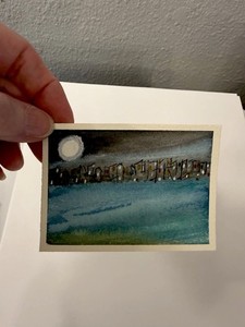 ACEO Original Watercolor 2.5" x 3.5" CITY BY THE SEA @spiritridgeart