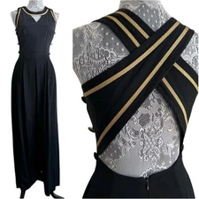 Vintage Black Palazzo Jumpsuit Size 4 Gold Trim Open Back 70s 80s Wide Leg Women