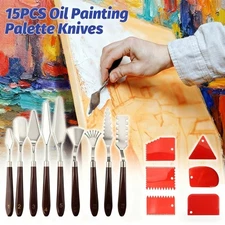 15PCS Painting Palette Knife Set 9 Knives 6 Scrapers - Canvas Thick Paint Mixing