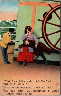 Postcard Bamforth comic 4058 Sea sick man in woman's lap Tea He's not my husband