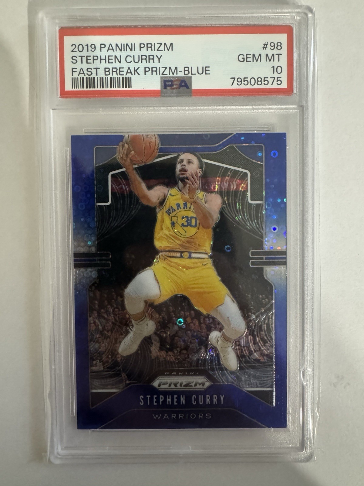 2019 PANINI PRIZM STEPHEN CURRY #90 - FAST BREAK BLUE #d/175 PSA 10 GEM MINT