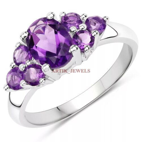 Natural Gema Amatista Con 14K Chapado en Oro Blanco Plata Mujer Anillo #3768 - Imagen 17 de 17