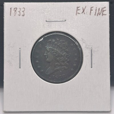 1833 Half Cent Piece. Ex Fine Condition. In Paper Coin Holder.