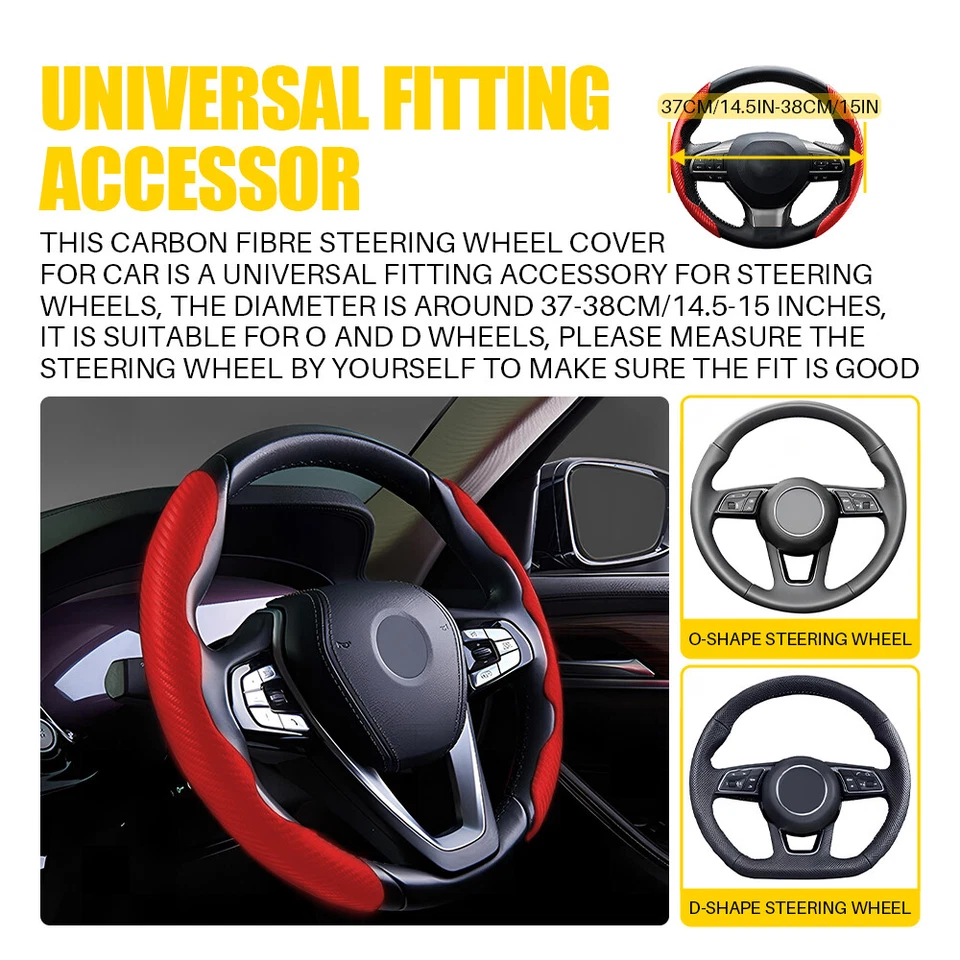 For Honda Civic Accord Steering Wheel Cover Protector Non-Slip Carbon Fiber Red - Image 3 of 4