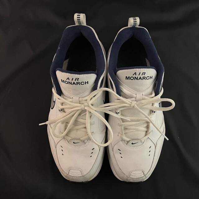 Nike Air Monarch, White and Navy Blue, Men's 9, “Full Length Air