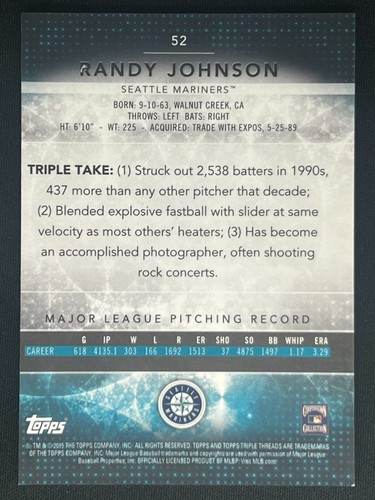 RANDY JOHNSON 2015 Topps Triple Threads Gold Parallel Base #/99 #52 | Mariners - Picture 2 of 2