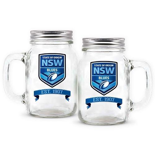 125089 NEW SOUTH WALES NSW BLUES SOO 473ML MASON JAR WITH HANDLE DRINKING GLASS - Foto 1 di 1