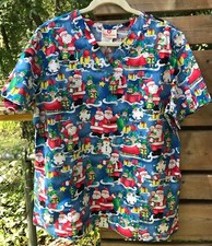 White Cross Women's L Snowmen Santa Elves Nursing Scrub Top Uniform 2 Pkts V-nck