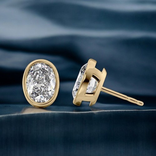 Diamond Earring Gold Lab Grown Stud 14K Yellow IGI Certified Oval Cut 2 Carat