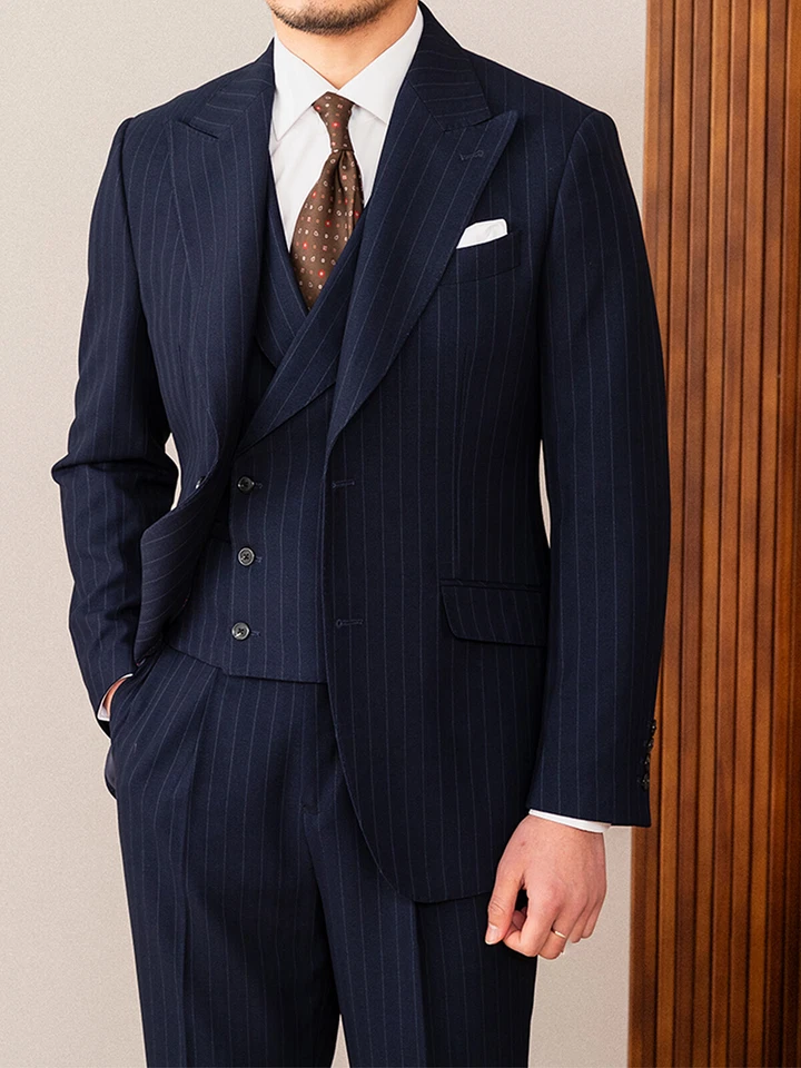 Темно-синий мужчин костюмы пик лацкан в полоску однобортный регулярный свадьбы официальный - Изображение 3 из 4