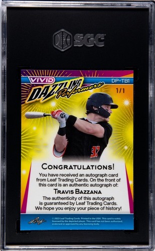 TRAVIS BAZZANA 2023 Leaf Vivid YELLOW LASER SGC 9.5/10 MINT+ AUTO TRUE #1/1 - Picture 2 of 2