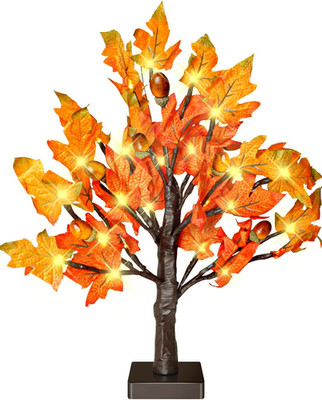 18 Inch Fall Lighted Maple Tree with 36 Leds, 6 Acorns, Timer Battery Operated T