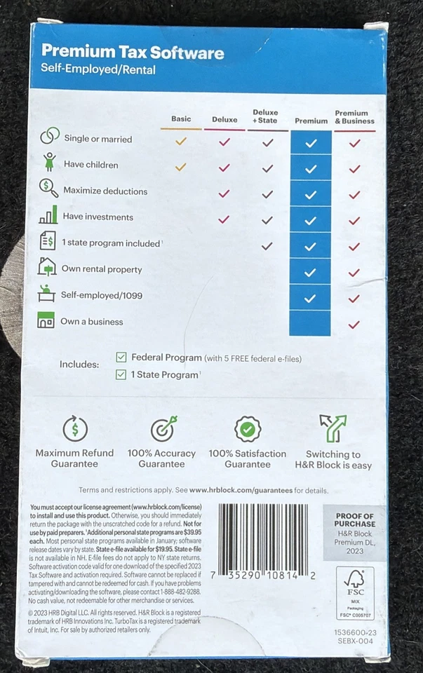 H&R Block PREMIUM 2023 Tax Software Self Employed / Rental Window / Mac turbotax - Image 2 of 2