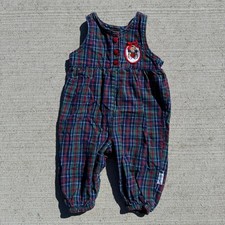 Vintage 90s HealthTex plaid bear romper jumper blue red green Christmas 12 MO
