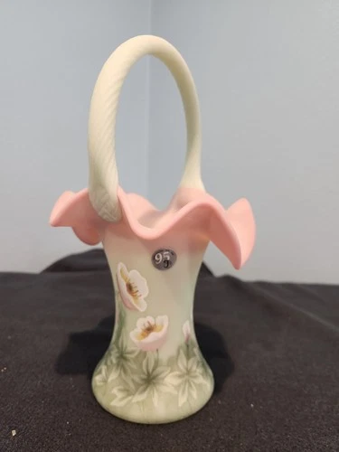 FENTON 95th ANNIVERSARY LMTD & SIGNED GREEN LOTUS MIST BURMESE GLASS BASKET VASE