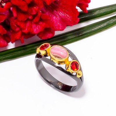 Rhodochrosite, Red Garnet Black & Gold Plated 925 Sterling Silver Ring s.9 Sku30