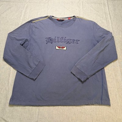 Tommy Hilfiger Red Label Long Sleeve Shirt Men XXL Blue Spellout Logo Vintage