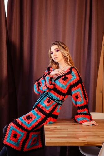 Handmade Granny Sqaure Afghan Coat,Pink Long Crochet Sweater(Made In India) - Picture 7 of 7