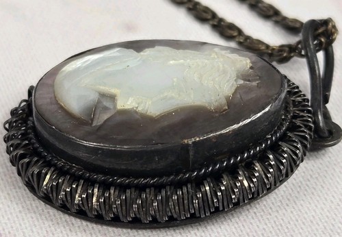 Cameo Antique Jewelry Set 800 Sterling Shell Pendant Necklace, Ring, Earrings - Picture 6 of 23