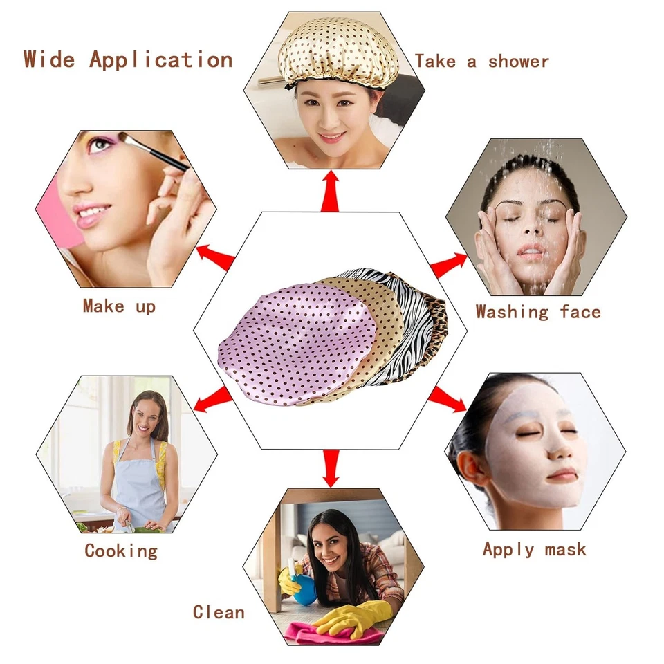 4er große Duschhaube, Wasserdicht Damen Badehaube mit Elastik Doppelschicht - Bild 4 von 4