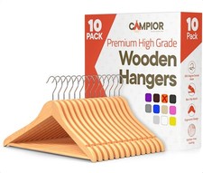 Natural Wooden Hangers 10 Pack Heavy-Duty W/ 360 Swivel Hook Non-Slip Pants
