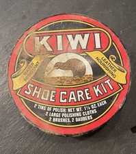 Vintage Kiwi Shoe Care Tin Kit 7" Round Polish Shine Brushes Daubers, Rare..