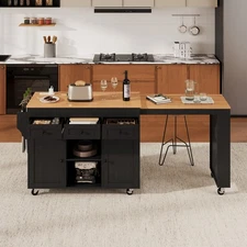 Rolling Kitchen Island Storage Cabinet w/Extendable Dining Table & Open Shelves