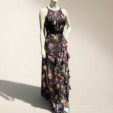 Betsy  Adam Size 12 Maxi Dress Cascading Florals Ruffled High-Neck Gown JAN895